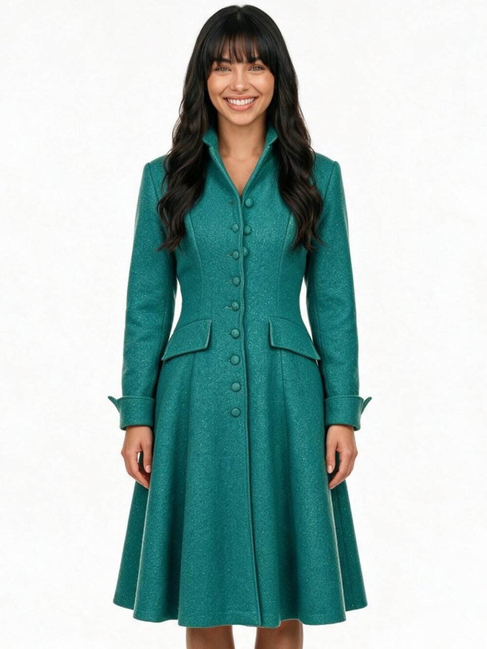 Tatyana Retro Pinup Vintage 50s Green Wool Shimmer Metallic Princess Coat, XS